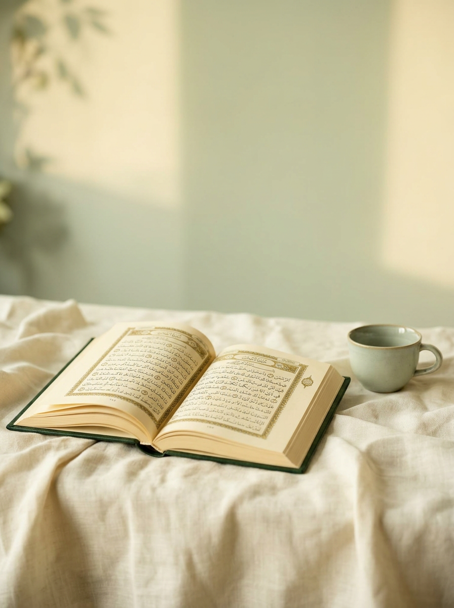 An open Qur'an in soft sunlight — a place for reflection.